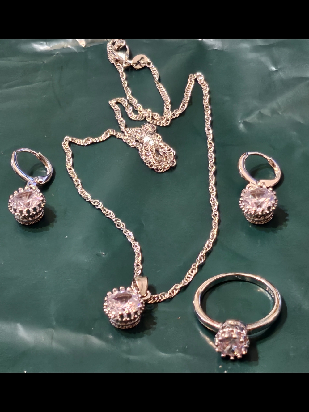 Classic 925 Silver Cubic Zirconia Pendant Necklace, Ring & Earring Set - Silver